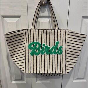 Philly Fans! Striped Canvas Tote with 'Birds' Appliqué - Cream & Green